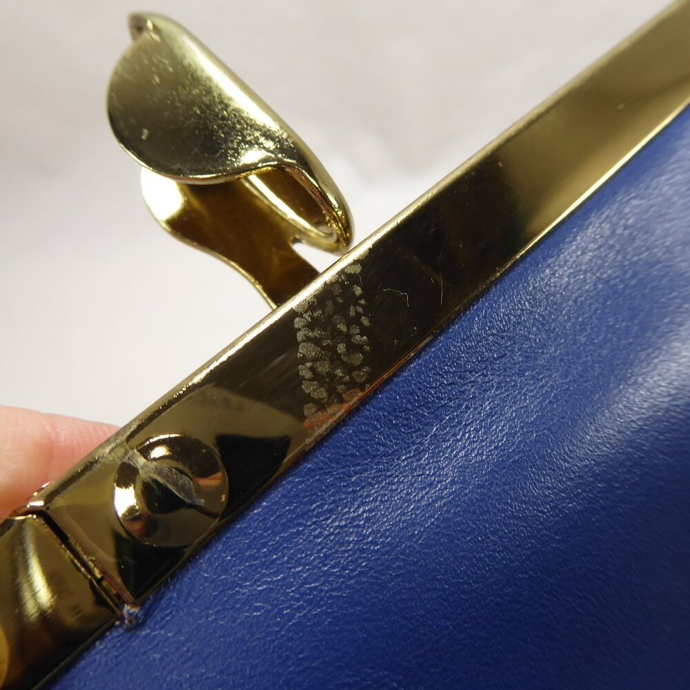 Vintage 50s 60s ETRA Navy Blue Leather Clutch Purse Evening Bag Gold Chain Strap - Picture 9 of 11
